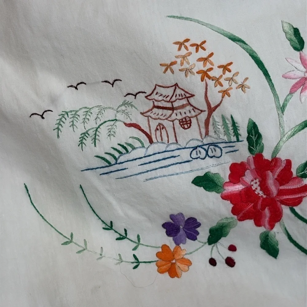 Set of Vintage White Embroidered Asian Inspired Floral Decorative Pillow Cases